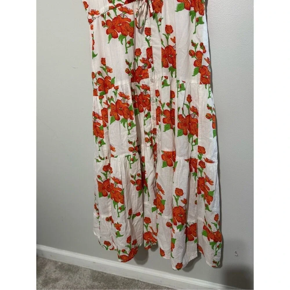 Victoria‎ Dunn White Orange Floral Tiered Maxi Dress Mandarin Collar Medium